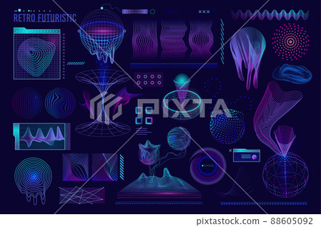 Retro futuristic abstract textures. Neon futuristic technology texture. Vector holographic technology virtual elements 88605092