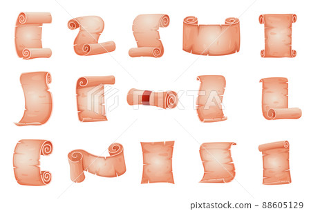 Scrolls and parchment. Old papyrus roll and scroll. Vector ripped paper manuscript isolated antique banners parchment 88605129