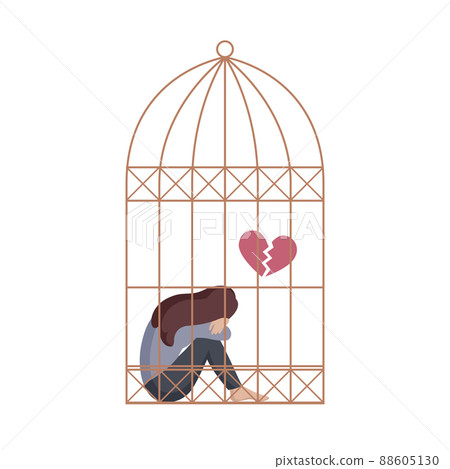 depressed lonely girl with broken heart sitting in a cage 88605130