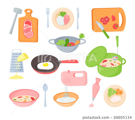 Cooking process. Cartoon kitchen tools and devices with chopped vegetables and meat in pots and pans. Vector set illustration ingredients object household Cooking process. Cartoon kitchen tools and devices with chopped vegetables and meat in pots and pans. Vector set illustration ingredients object household 88605134