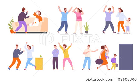 Family quarrel. Parents argue or fight, wifes abuse domestic violence sad childhood families conflict married crisis couple problems behaviour husband 88606306