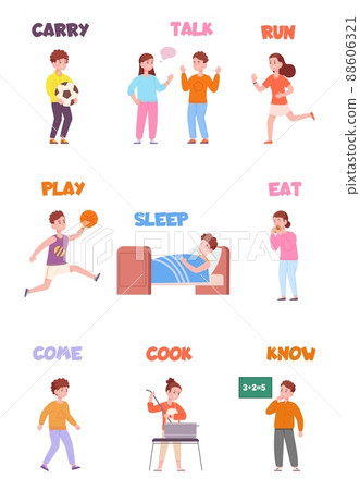 Children action verb. Child character learning read english mechanisme, kid everyday activities, exercise education on study card carry eat cook sleep, splendid vector illustration 88606321