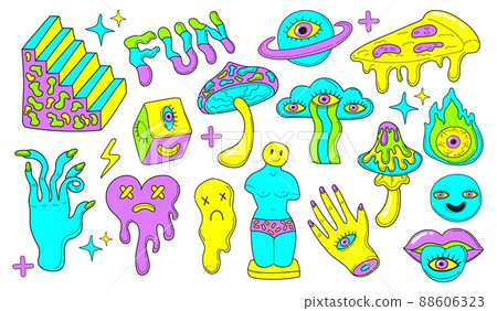 Psychedelic emoji stickers. Cartoon mushroom retrowave art, hipster sticker 90s 80s illusion stairs surrealism comic character weird smile 88606323