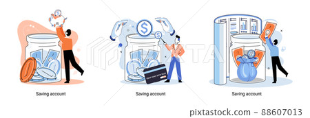 Saving account concept. People with coins and piggy bank. Bank account accumulation of funds, wealth Saving account concept. People with coins and piggy bank. Bank account accumulation of funds, wealth 88607013