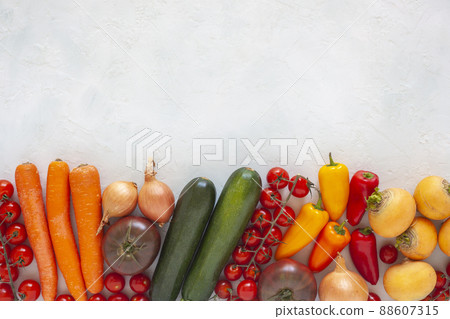 Bright vegetables on white background, top view, copy space, Bright vegetables on white background, top view, copy space, 88607315