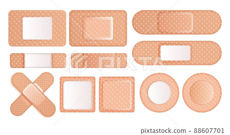 Medical adhesive tape plaster, sticky patch different shape. Set of skin bandage for first emergency aid Medical adhesive tape plaster, sticky patch different shape. Set of skin bandage for first emergency aid 88607701