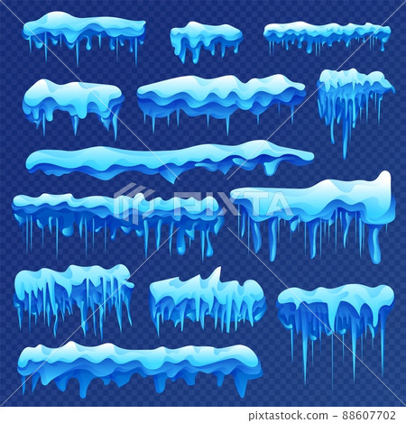 Snowy icicles set as winter weather decoration. New Year and Christmas roof window design element Snowy icicles set as winter weather decoration. New Year and Christmas roof window design element 88607702