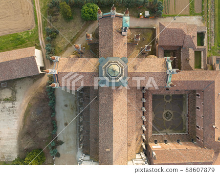 Birds view of the Certosa di Pavia close up Birds view of the Certosa di Pavia close up 88607879