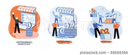 Cryptocurrency marketplace design with man crypto trader works with laptop. Bitcoin transactions metaphor Cryptocurrency marketplace design with man crypto trader works with laptop. Bitcoin transactions metaphor 88608366