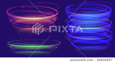Spiral swirled lens flare effect set on transparent. Neon halo light optical effect, abstract glowing circles Spiral swirled lens flare effect set on transparent. Neon halo light optical effect, abstract glowing circles 88608407