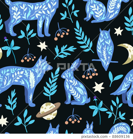 Seamless pattern with mystic wild animals in doodle boho scandinavian style, owl, wolf and rabbit with stars and plant elements. 88609136