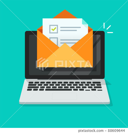 Survey online vote email checklist on computer pc or digital exam task icon on laptop pc form to choose check mark flat cartoon illustration, electronic questionnaire or web feedback quiz Survey online vote email checklist on computer pc or digital exam task icon on laptop pc form to choose check mark flat cartoon illustration, electronic questionnaire or web feedback quiz 88609644