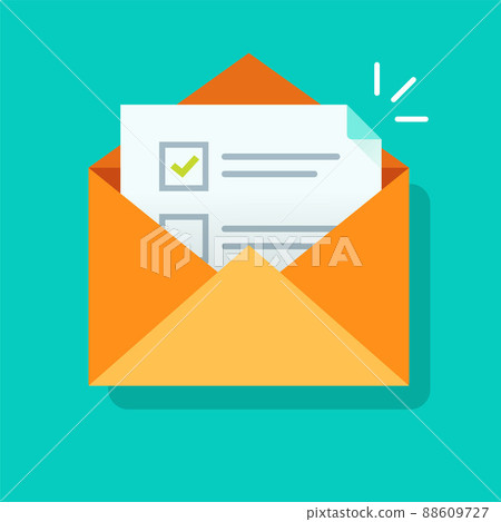 Survey vote email checklist icon vector or mail letter with online task exam form selection flat cartoon illustration, concept of digital envelope with questionnaire quiz document with check marks 88609727
