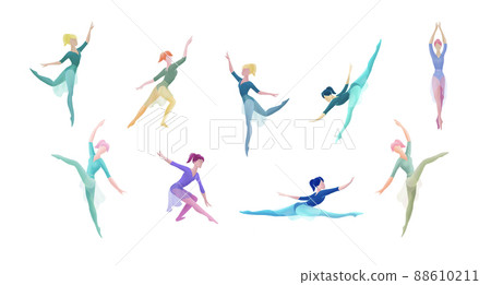 Illustration set of women ballet dancers in different positions and jumps Illustration set of women ballet dancers in different positions and jumps 88610211