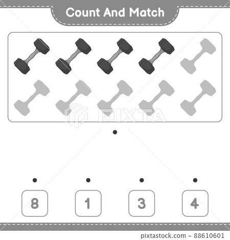 Count and match, count the number of Dumbbell and match with the right numbers. Educational children game, printable worksheet, vector illustration Count and match, count the number of Dumbbell and match with the right numbers. Educational children game, printable worksheet, vector illustration 88610601