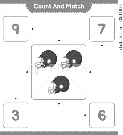 Count and match, count the number of Football Helmet and match with the right numbers. Educational children game, printable worksheet, vector illustration 88611038