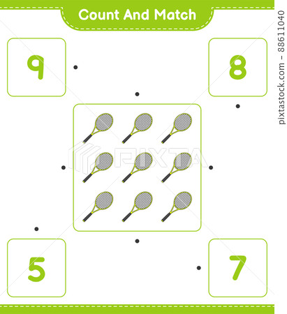 Count and match, count the number of Tennis Racket and match with the right numbers. Educational children game, printable worksheet, vector illustration Count and match, count the number of Tennis Racket and match with the right numbers. Educational children game, printable worksheet, vector illustration 88611040