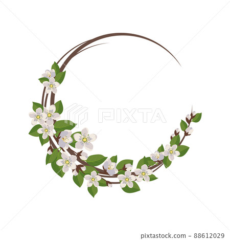 Round wreath of cherry or apple tree. Frame with white flowers. Spring blooming composition with buds and leaves. Festive decoration for wedding, holiday, postcard and design. Vector flat illustration Round wreath of cherry or apple tree. Frame with white flowers. Spring blooming composition with buds and leaves. Festive decoration for wedding, holiday, postcard and design. Vector flat illustration 88612029