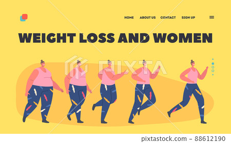 Weight Loss Landing Page Template. Transformation Stages of Obese Woman Turn into Healthy Body, Sport Training 88612190