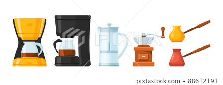 Coffee Machine Kitchen Appliance Isolated Icon. Espresso Maker With Glass Pot, French Press, Turkish Cezve, Grinder 88612191