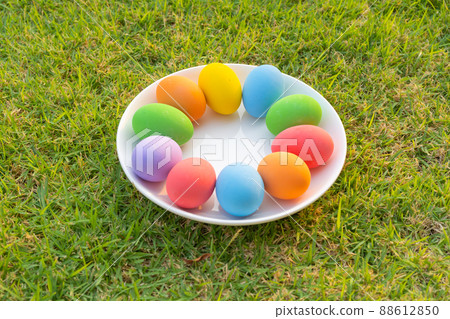 Colorful easter eggs on natural green grass background. Food decoration on holiday. 88612850
