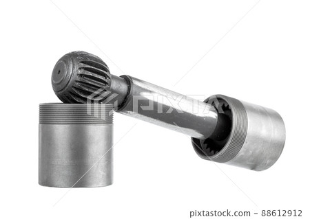 hydraulic pistons polytherm pump on dumbbell with gear and male thread iron detail concrete pump spare part object isolated on white background. hydraulic pistons polytherm pump on dumbbell with gear and male thread iron detail concrete pump spare part object isolated on white background. 88612912