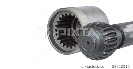 hydraulic pistons polytherm pump on dumbbell with gear and male thread iron detail concrete pump banner on the theme of spare parts for industrial machinery isolated on white background. 88612913