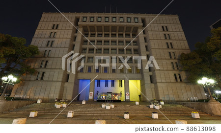 Osaka City Hall, partly illuminated in the color of the Ukrainian flag, to protest Russia's invasion of Ukraine Osaka City Hall, partly illuminated in the color of the Ukrainian flag, to protest Russia's invasion of Ukraine 88613098