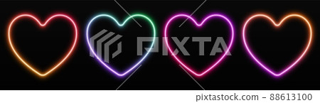 Gradient neon heart frames set. Glowing borders isolated on a dark background. 88613100