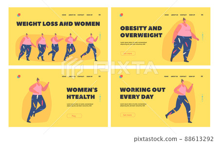 Weight Loss Landing Page Template Set. Transformation Stages of Obese Woman Turn into Healthy Body, Sport Training Weight Loss Landing Page Template Set. Transformation Stages of Obese Woman Turn into Healthy Body, Sport Training 88613292
