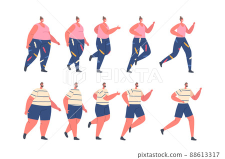 Set Stages of Slimming, Men and Women Weight Loss. Fat Male Female Characters Walk and Run, Transformation Set Stages of Slimming, Men and Women Weight Loss. Fat Male Female Characters Walk and Run, Transformation 88613317