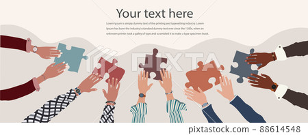 Collaboration and cooperation metaphor between group of multicultural men and women colleagues. Arms and hands around the table joining and assembling puzzle pieces. Banner copy space 88614548