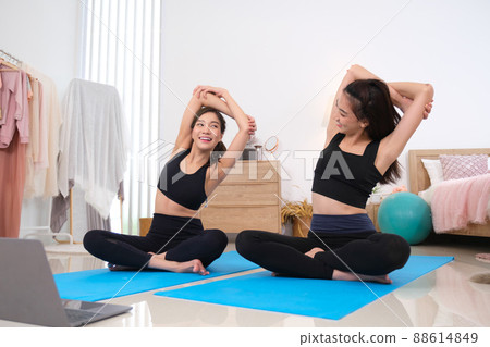 Couple women exercise and living lifestyle at home. Couple women exercise and living lifestyle at home. 88614849