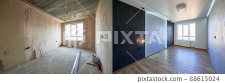 Comparison of old room with building tools and new renovated room with plastic window, parquet floor and gray walls. Photo collage of modern apartment before and after renovation. Comparison of old room with building tools and new renovated room with plastic window, parquet floor and gray walls. Photo collage of modern apartment before and after renovation. 88615024