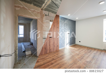 Modern flat room with stylish design as concept of before and after reconstruct renovation, comparison of upgraded remodeling in comfortable flat bedroom during rework in real estate. 88615027