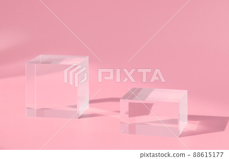 Pedestal shadow display glass podium, acrylic block platform for product presentation, transparent geometric stand for cosmetics, mockup scene with sunlight and shadow 88615177