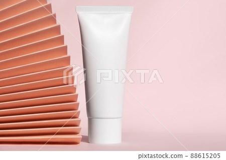 Hand cream, moisturizer, sunscreen, cleanser in plastic white tube template container. Skin care beauty cosmetic bottle mockup. 88615205