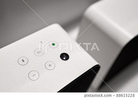 Hi-tech buttons on modern white stereo sound speaker, digital loudspeaker 88615228