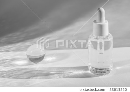 Serum pipette bottle with peptides, skin care cosmetic product mock up. Natural rainbow light refraction caustic effect, shadow and light overlay. Cosmetics liquid mockup 88615230