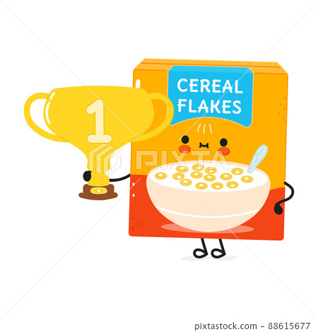 Cute funny cereal flakes hold gold trophy cup. Vector hand drawn cartoon kawaii character illustration icon. Isolated on white background. Happy cereal flakes with winner trophy cup 88615677
