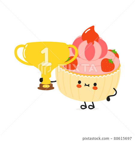 Cute funny cake hold gold trophy cup. Vector hand drawn cartoon kawaii character illustration icon. Isolated on white background. Happy cake with winner trophy cup Cute funny cake hold gold trophy cup. Vector hand drawn cartoon kawaii character illustration icon. Isolated on white background. Happy cake with winner trophy cup 88615697