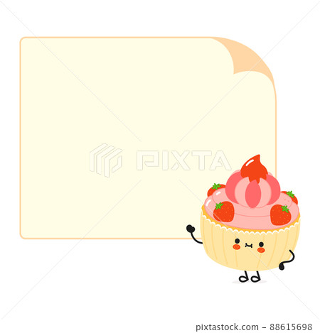 Cute funny cake character with speech bubble. Vector hand drawn cartoon kawaii character illustration icon. Isolated on white background. Happy cupcake character concept 88615698