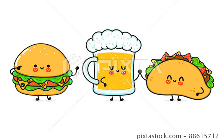 Cute, funny happy glass of beer, taco and hamburger . Vector hand drawn cartoon kawaii characters, illustration icon. Funny happy cartoon glass of beer taco and hamburger mascot friends concept 88615712