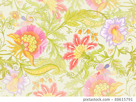 Fantasy flowers in retro, vintage, jacobean embroidery style.  88615791