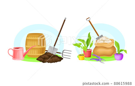 Gardening tools set. Shovel, seedlings, fertilizing, watering can, spade agricultural equipment vector illustration Gardening tools set. Shovel, seedlings, fertilizing, watering can, spade agricultural equipment vector illustration 88615988