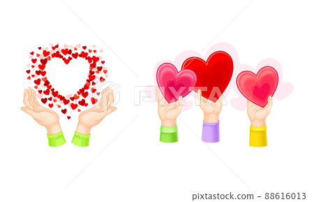 Human hands holding hearts and making sign gesture set. People sharing with love cartoon vector illustration 88616013