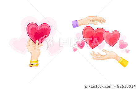 Human hands with hearts set. People sharing with love. Valentine day concept cartoon vector illustration Human hands with hearts set. People sharing with love. Valentine day concept cartoon vector illustration 88616014