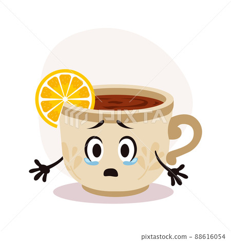 Vector white tea cup with hot drink. Tea with lemon piece. Crying cartoon character with print on surface Vector white tea cup with hot drink. Tea with lemon piece. Crying cartoon character with print on surface 88616054