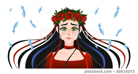 Young brunette beautifull woman with flower wreath on head. Portrait with red poppies and feathers. Ribbons Young brunette beautifull woman with flower wreath on head. Portrait with red poppies and feathers. Ribbons 88616055