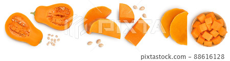 Fresh orange pumpkin isolated on white background with clipping path and full depth of field. Set or collection 88616128